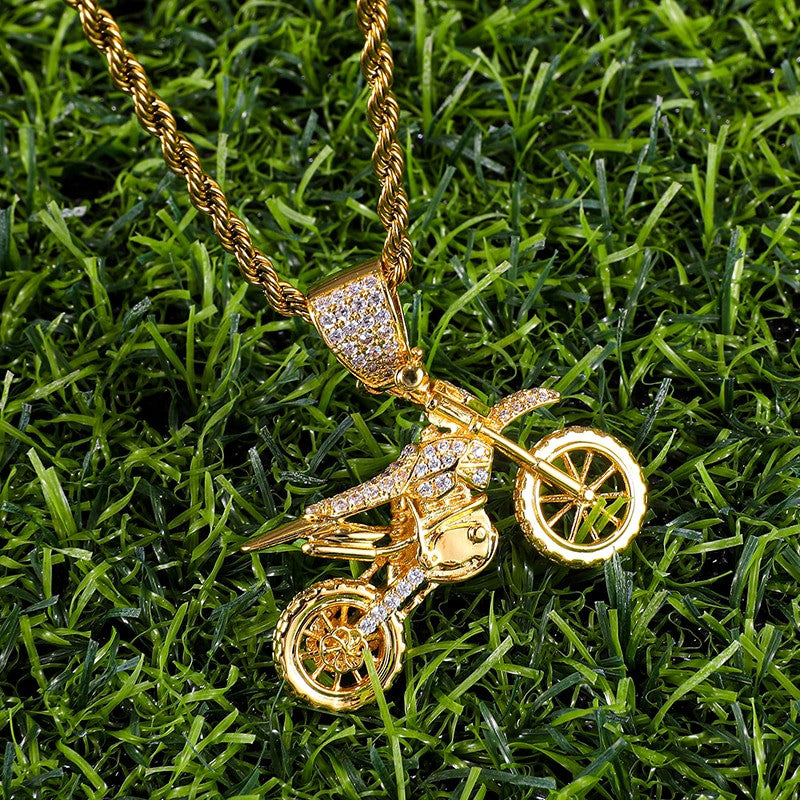 Hip Hop AAA Micro Pave Biker Boy Motorcycle 14k Gold 925 Silver Iced Bling Pendant Chain Necklace
