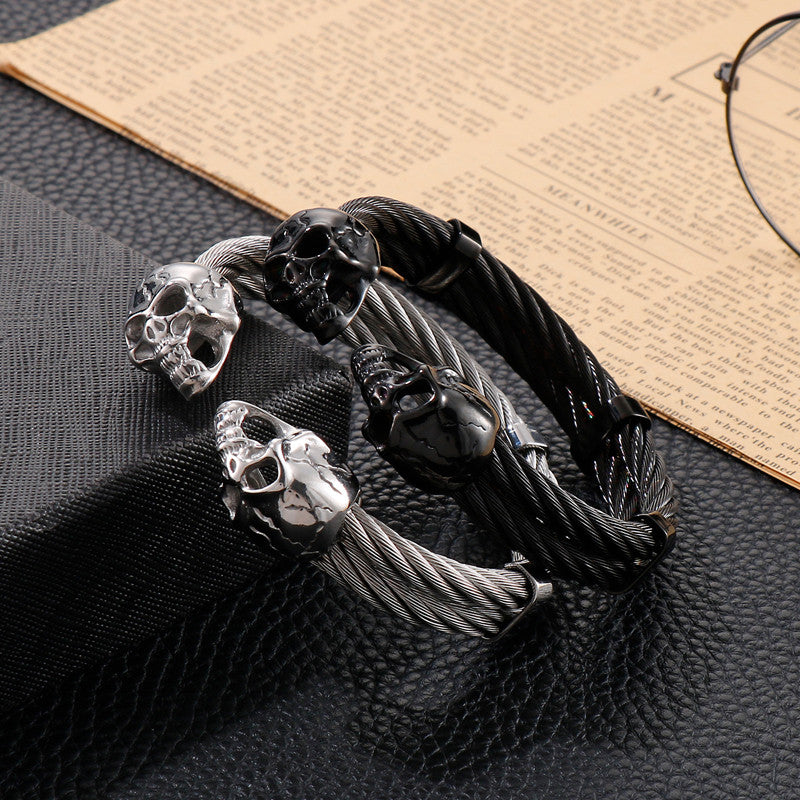 SkullFlex | Mens Double Layer Skull Cable Bangle Stainless Steel Bracelet