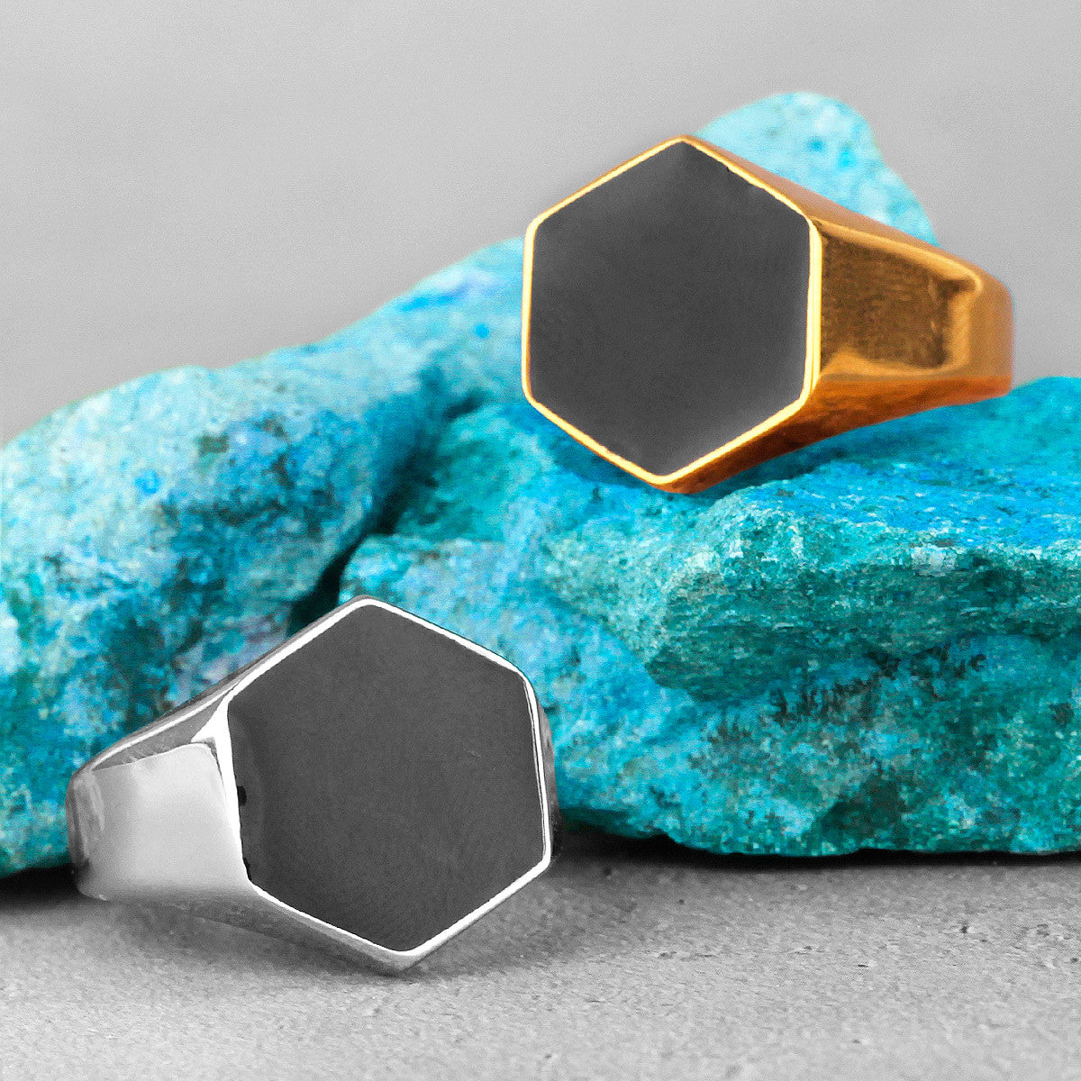 Black Gem | 14k Gold Over Stainless Steel Hexagon Gemstone Luxury Ring