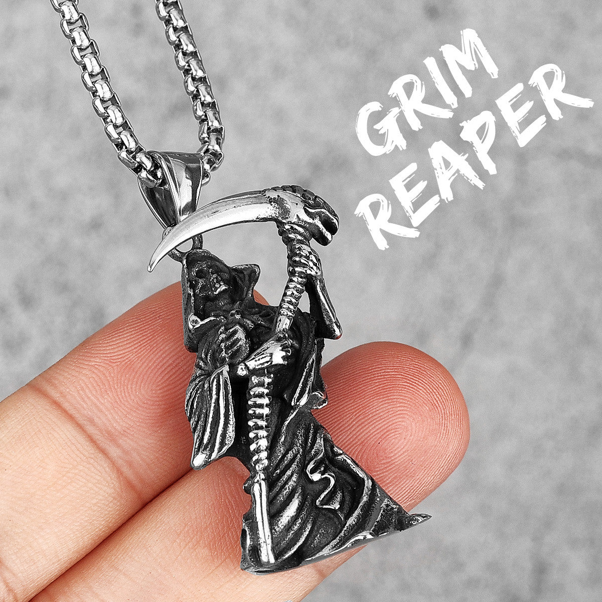 Grim Reaper No Fade Silver Stainless Steel Scythe Pendant Chain Necklace