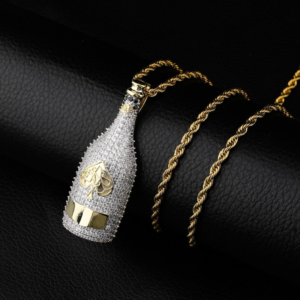 Ace Of Spades Champagne Bottle AAA Micro Pave 14k Gold Hip Hop Pendant Chain Necklaces