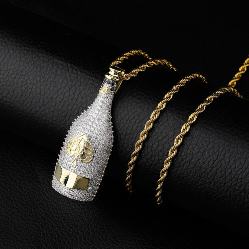 Ace Of Spades Champagne Bottle AAA Micro Pave 14k Gold Hip Hop Pendant Chain Necklaces
