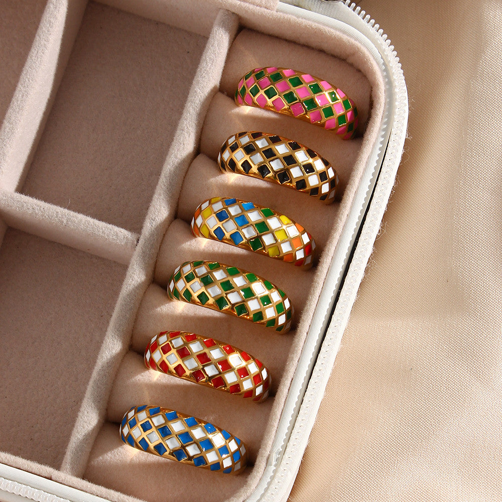 18k Gold Stainless Steel Designer Tarnish Free Colorful Checker Rings