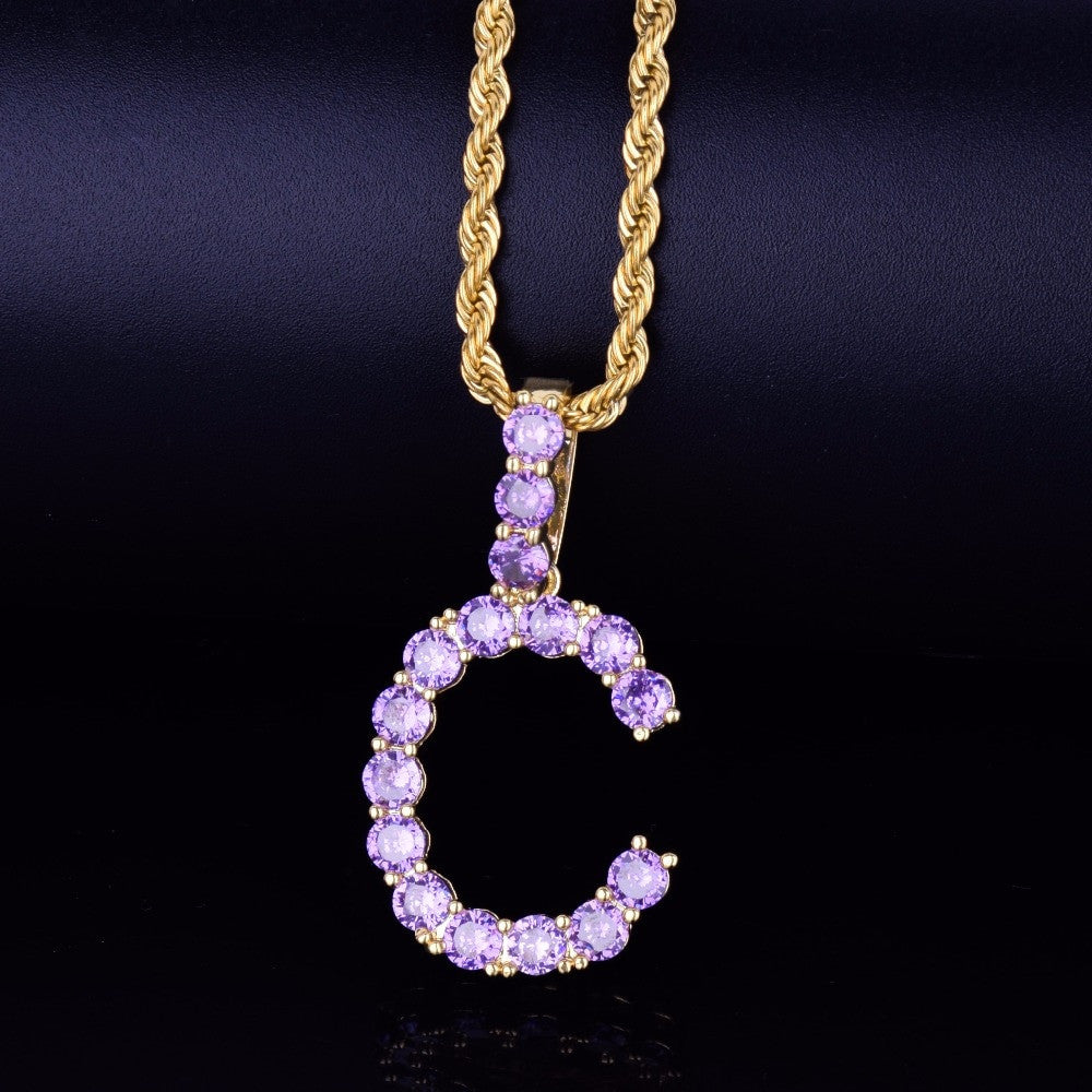 Iced Purple Candy Stone Flooded Ice Hip Hop Tennis Letters Pendant Chain Necklace