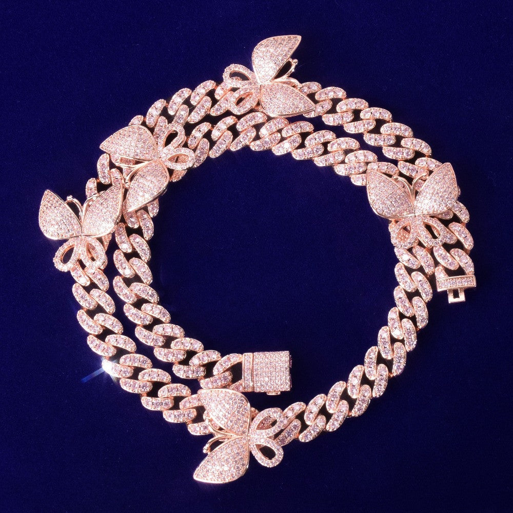 24k Gold Butterfly AAA Micro Pave Ultra Ice Cuban Link Chain Necklace