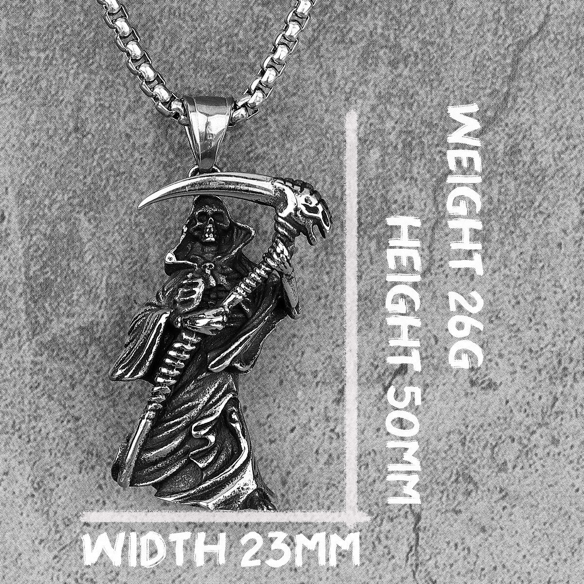 Grim Reaper No Fade Silver Stainless Steel Scythe Pendant Chain Necklace