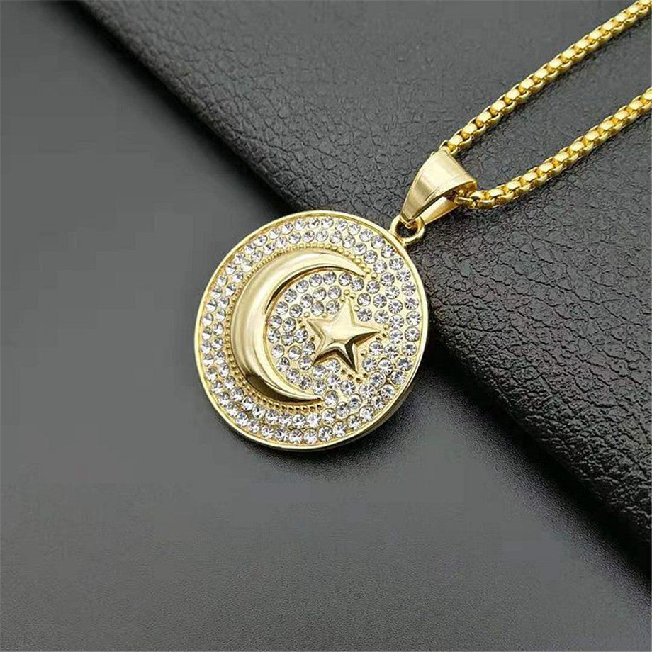 Eternal Crescent | Allah Diamond CZ Moon Star Hip Hop No Fade Stainless Steel Pendant