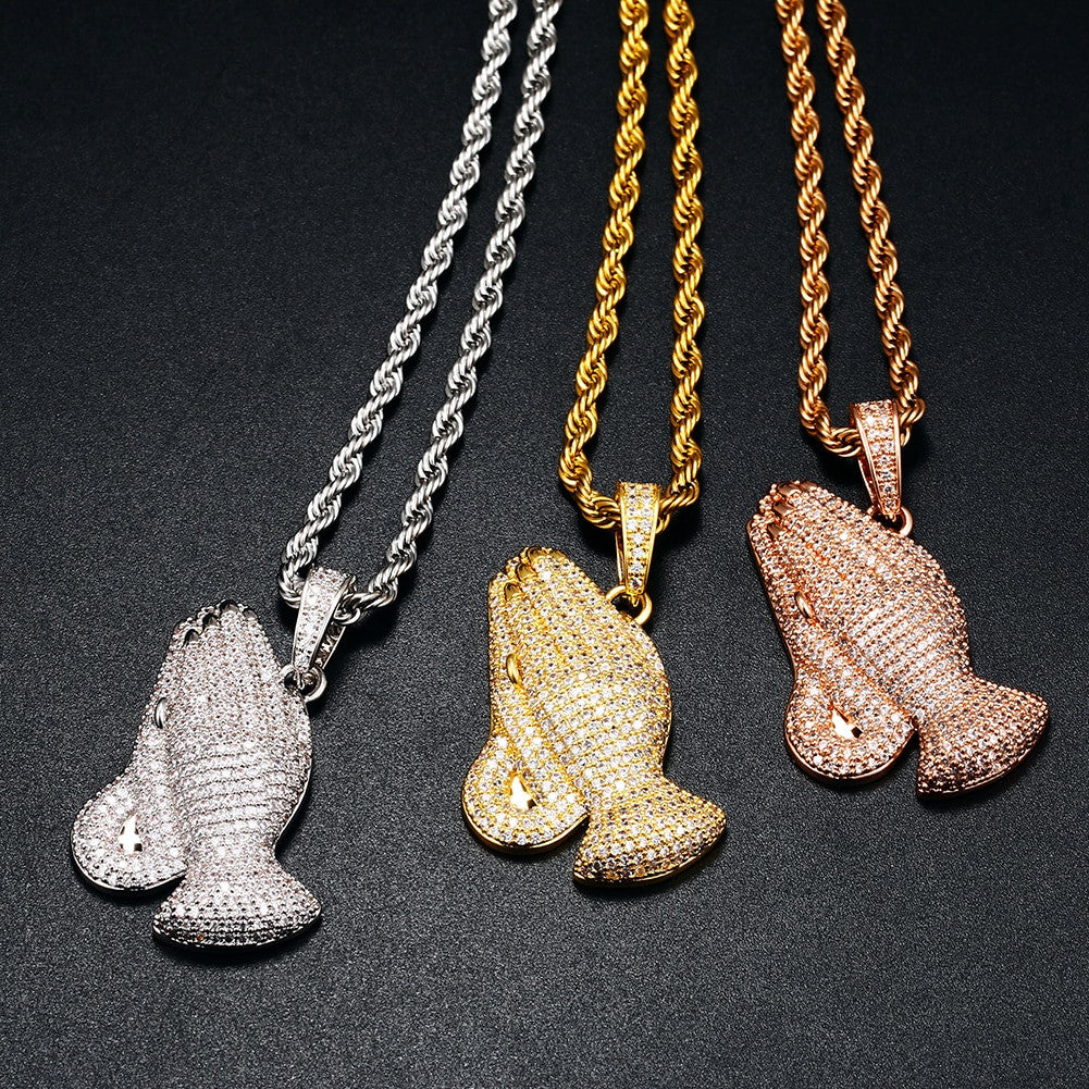 Mens Hip Hop 18k 925 Silver Rose Gold Jesus Hands Of Prayer Pendant Chain Necklace