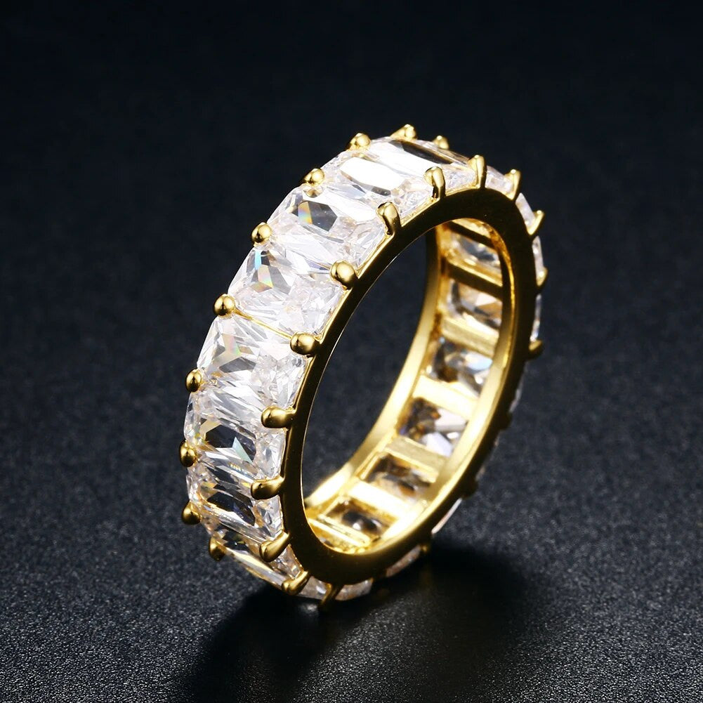 18k Gold 925 Silver 1 Row Solitaire Baguette Iced Blinged Out Mens Rings