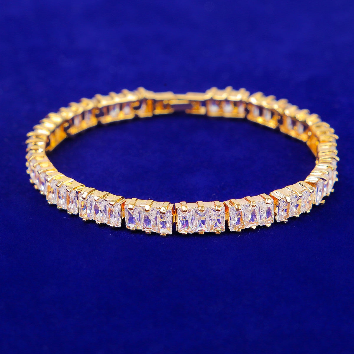 24k Gold 925 Silver Baguette Stone 5mm Iced Tennis Chain Bracelet