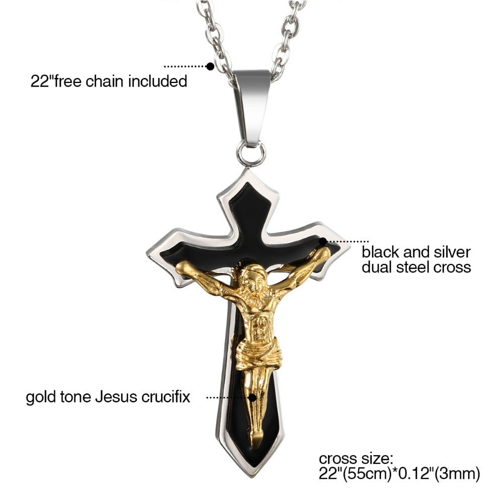 Mens Vintage Jesus Crucifix No Fade Stainless Steel Bling Pendant Chain Necklace