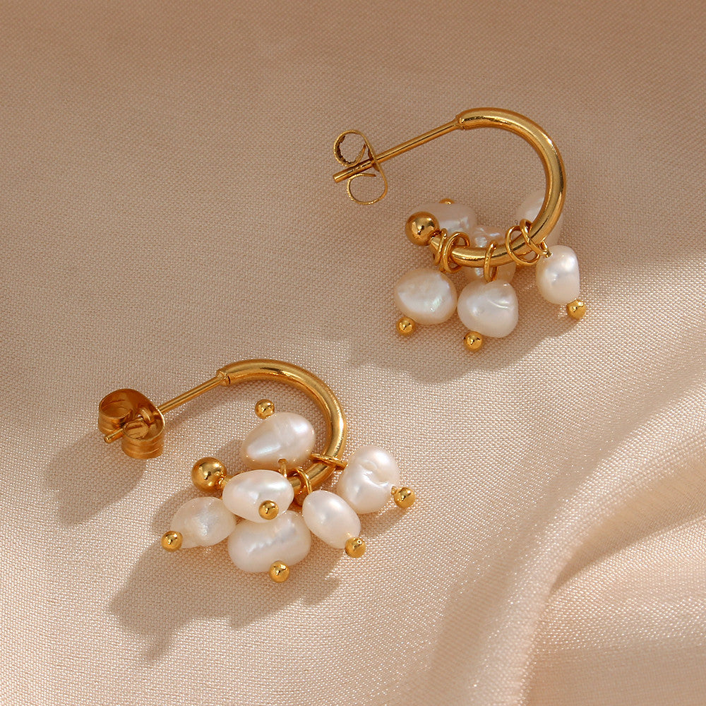 18k Gold Elegant Delicate Freshwater Pearl Stainless Steel Waterproof Hoop Earrings