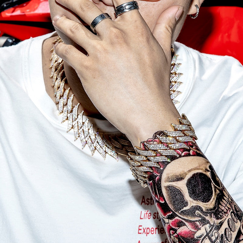 Fire Boy Flame Hot Boy 18k Gold .925 Silver Flooded Ice Hip Hop Cuban Link Chain Bracelet Set