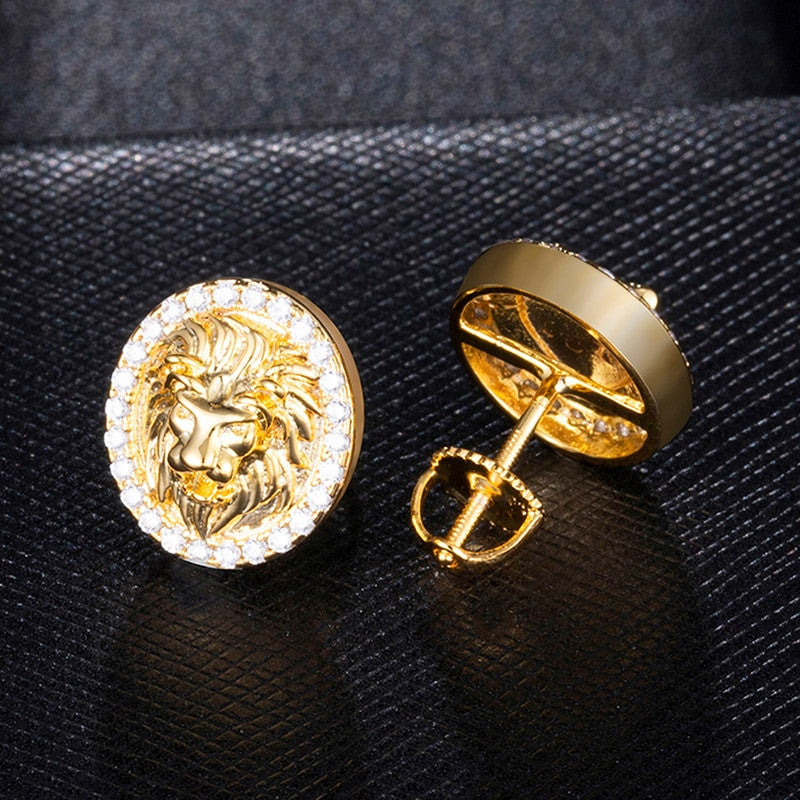 AAA Micro Paved King Lion Head Flooded Ice 14k Gold Bling Earrings