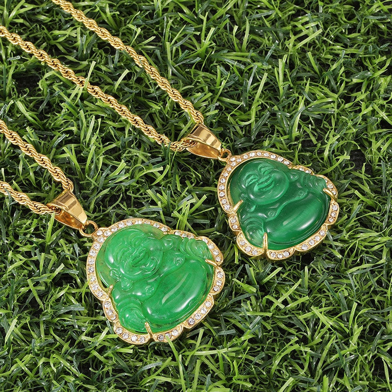 14k Gold over Titanium Steel Buddha Simulate Diamond Bling Pendant Chain Necklace