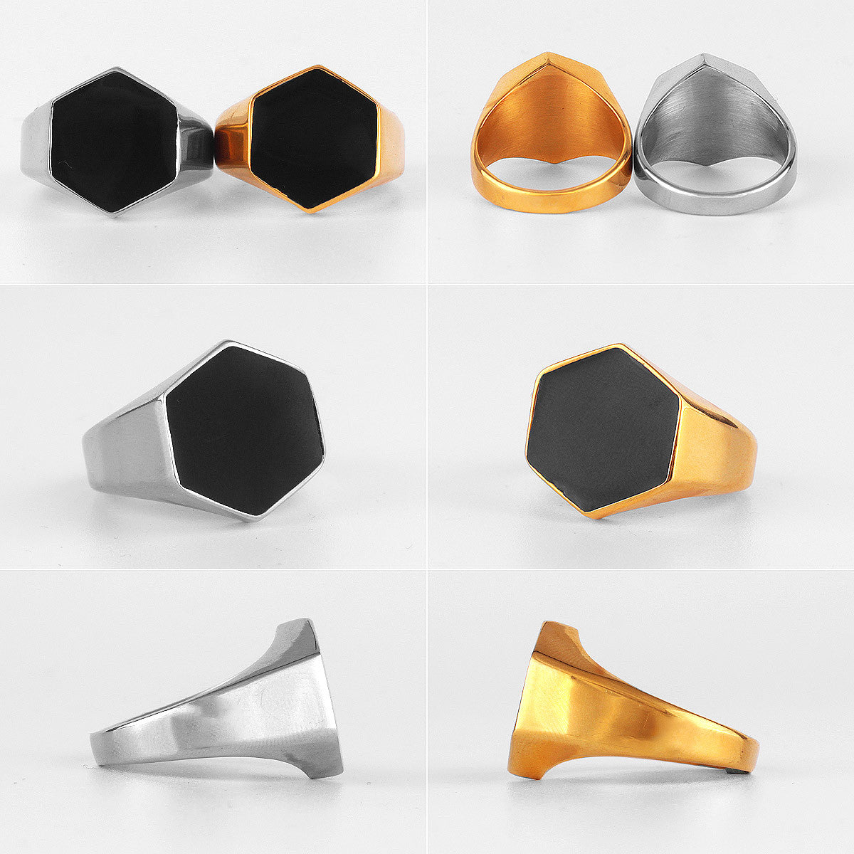 Black Gem | 14k Gold Over Stainless Steel Hexagon Gemstone Luxury Ring