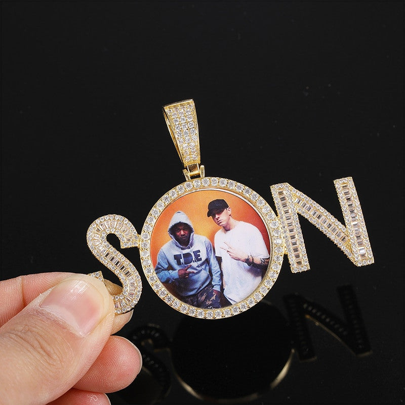 Custom Flooded Ice Baguette 2 Letters Son Hip Hop Picture Photo Pendant Chain Necklace