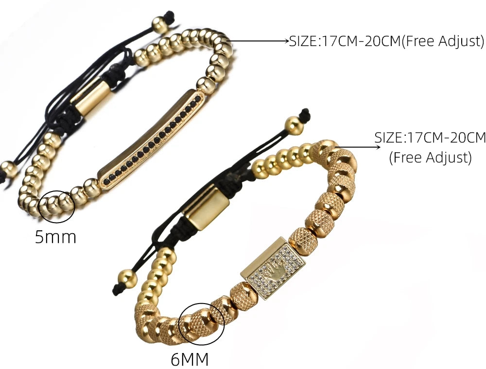 Two Piece | VVS Diamond CZ Stainless Steel 18k Gold Kings 2 Piece Bracelet Set