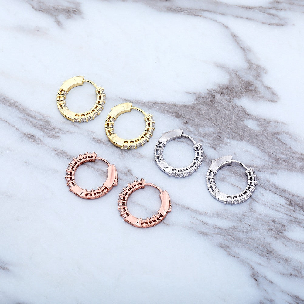 Women's Gold Silver Rose Gold All Ice Small Round Hoop Bling Earrings