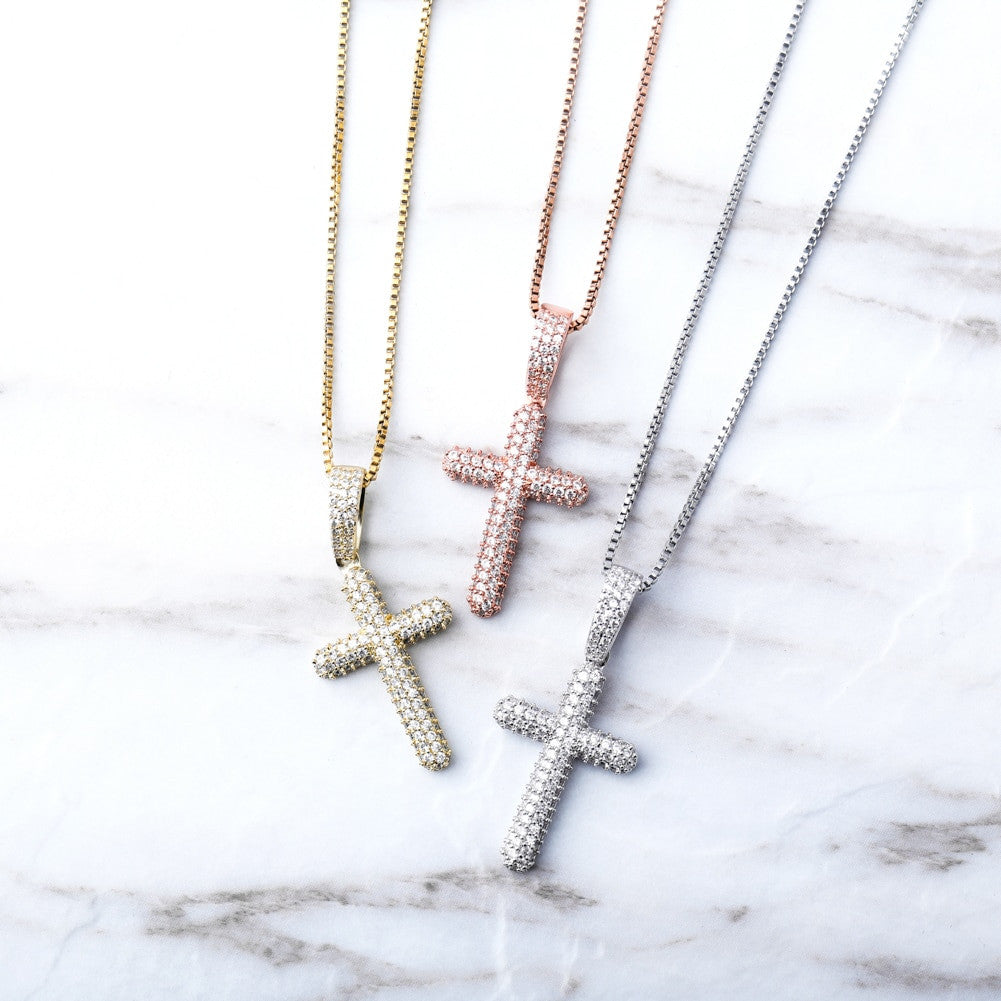 Flooded Ice Prong Set Cluster Stone Solid 925 Sterling Silver Iced Cross Bling Pendant Necklace