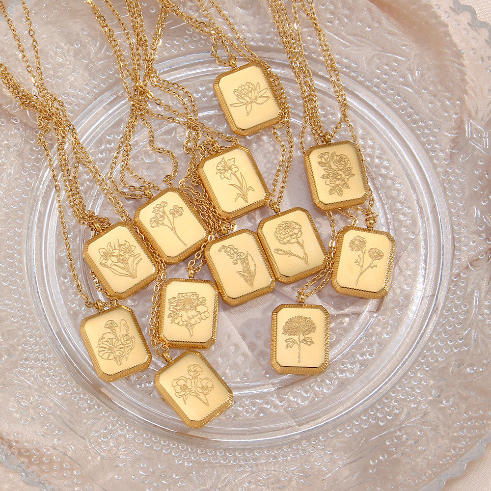 18k Gold Waterproof Stainless Steel Square Flower Birthstone Necklaces