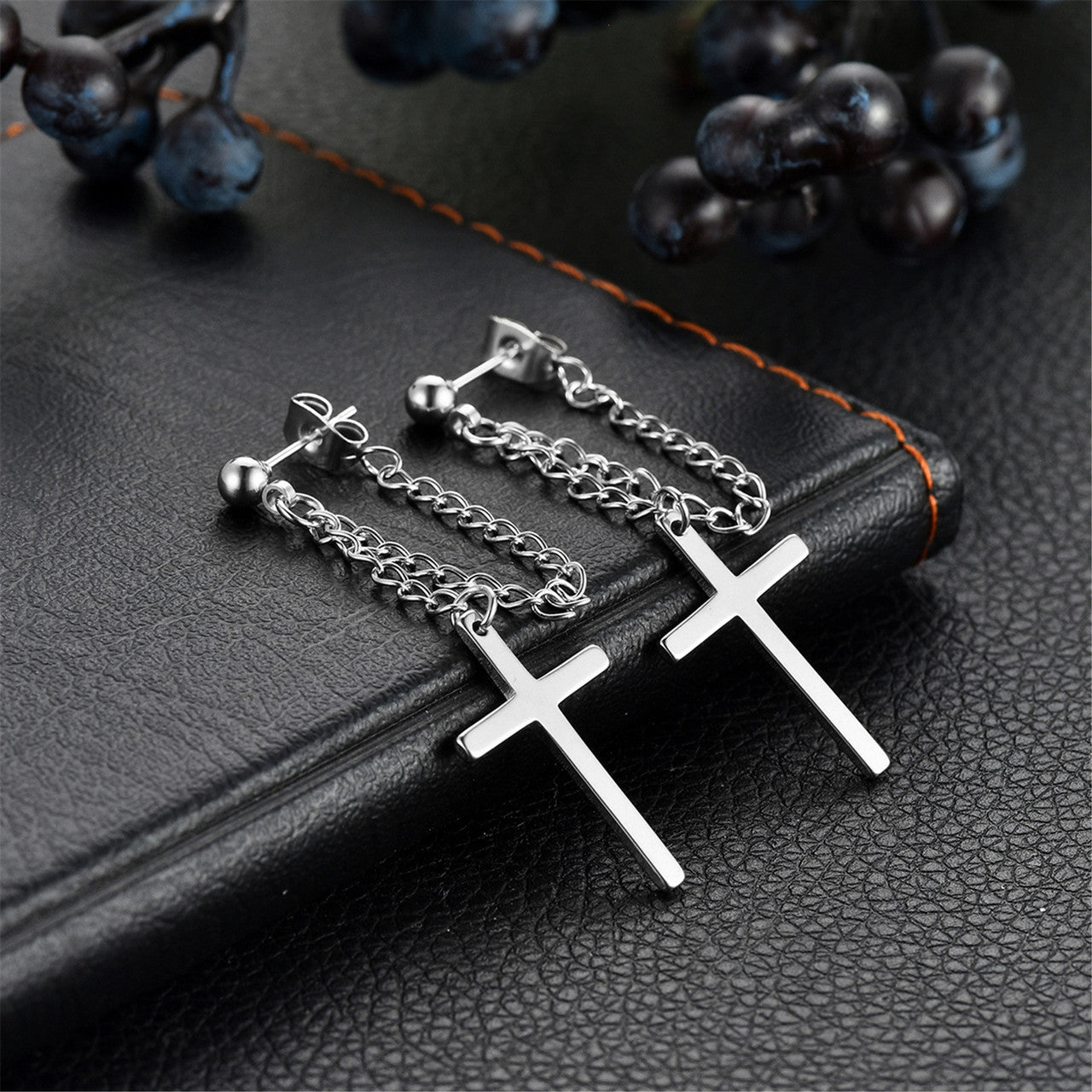 Retro Dangling Stud Cross Gold Black Silver Stainless Steel Chain Earrings