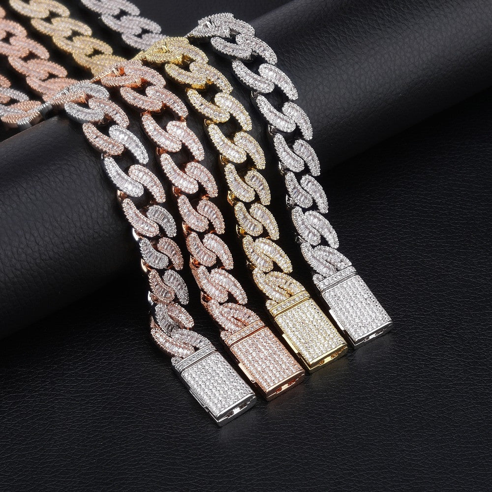 Mens 14mm Hip Hop Fashin Oval Baguette Prong Set Street Wear Bling Link Chain Necklace
