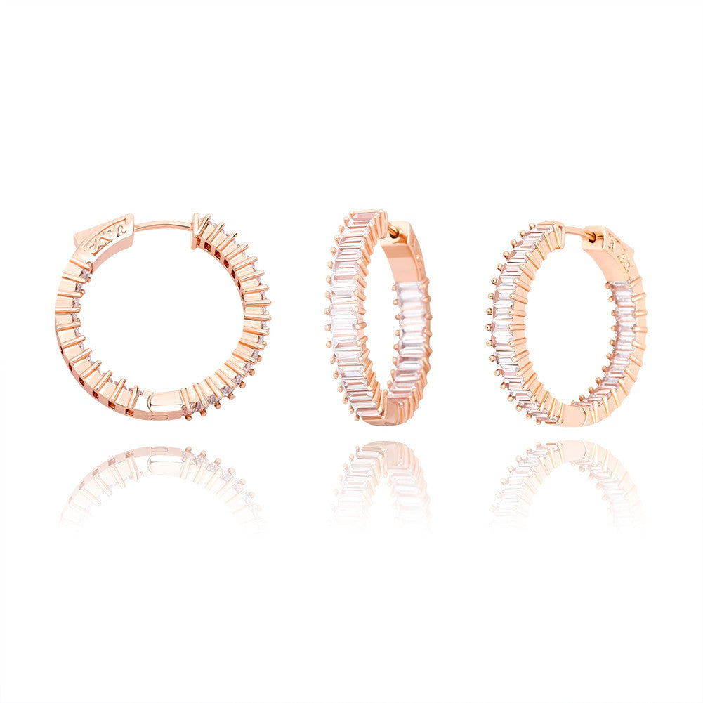 Street Wear Fashion Iced Baguette Yellow White Rose Gold Hoop Earrings