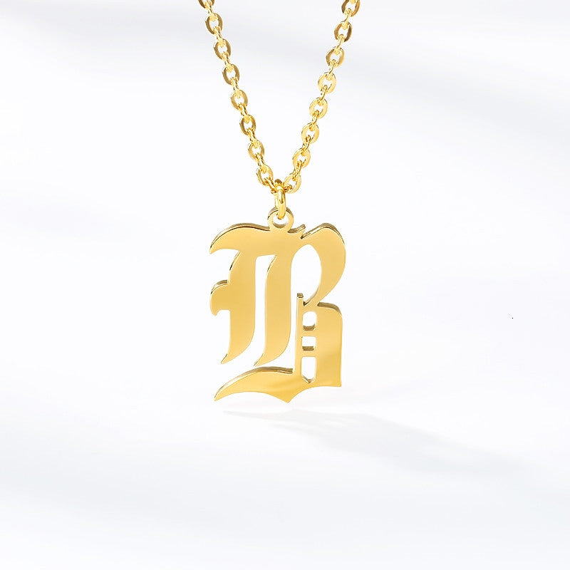 Platinum 14k Rose Gold Stainless Steel Gothic Old English A-Z Letter Initials Necklaces