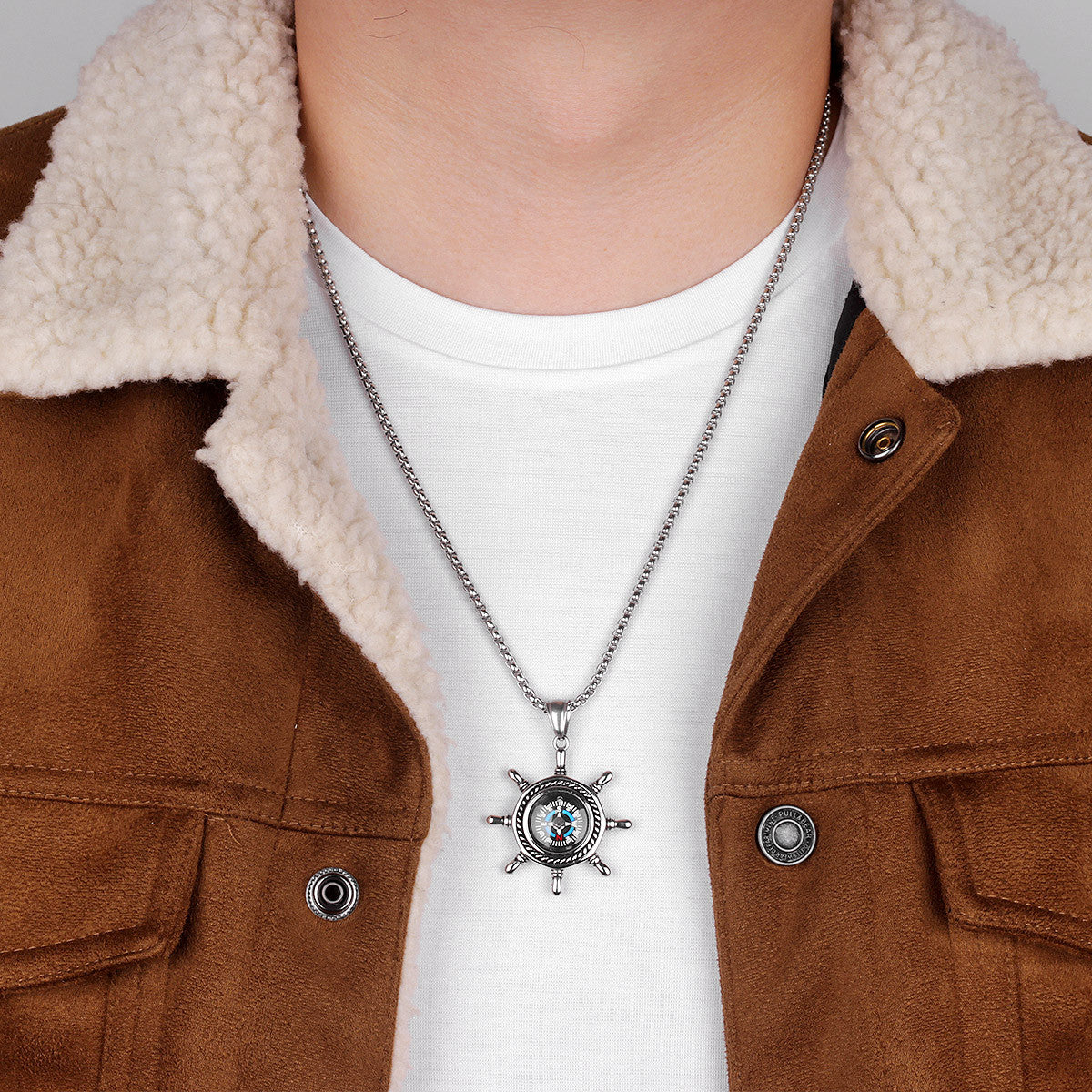Mens No Fade Stainless Steel Captains Wheel Compass Street Wear Pendant Chain