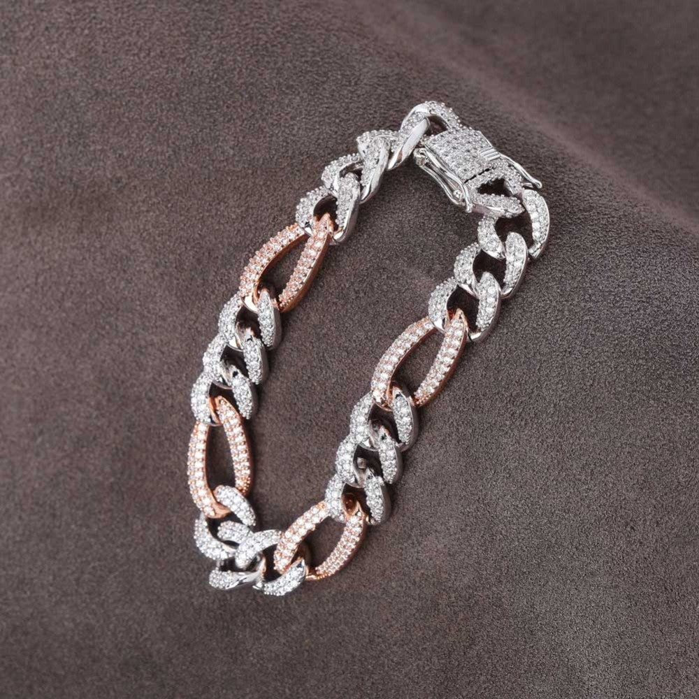 Mens 14k Gold Silver 10mm Box Lock Figaro Link Micro Pave Bling Bling Chain Bracelet