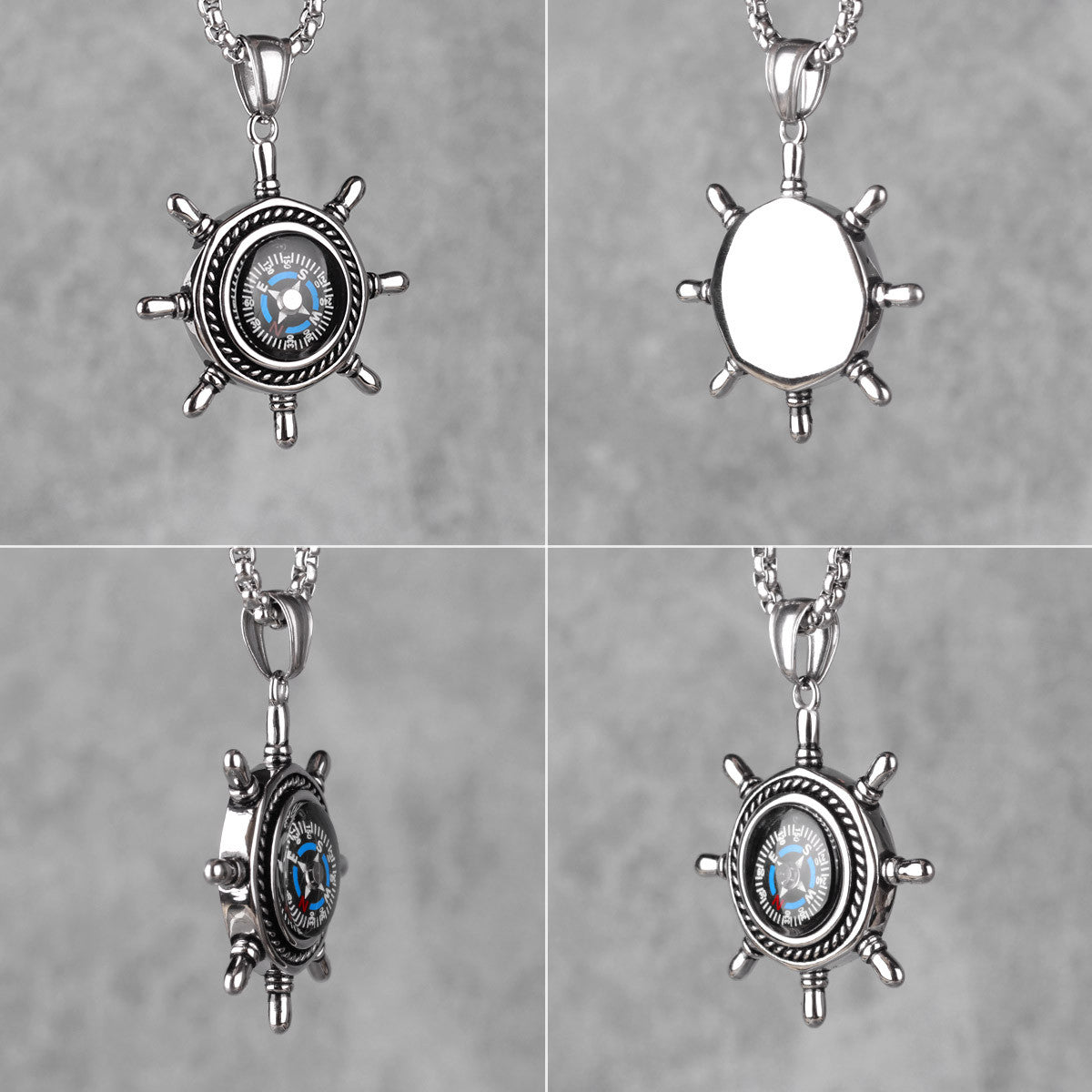 Mens No Fade Stainless Steel Captains Wheel Compass Street Wear Pendant Chain
