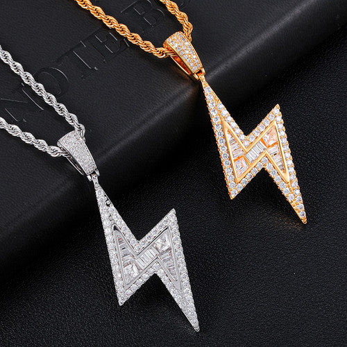 Handset Baguette Stone AAA Micro Pave 18k Gold .925 Silver Lightning Strike Pendant
