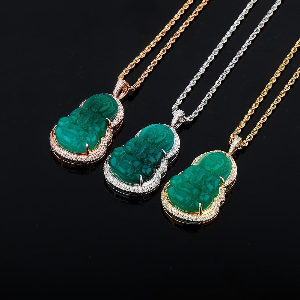 AAA 14k Gold .925 Silver Emerald Micro Pave Avalokitesvara Bodhisattva Buddha Pendant