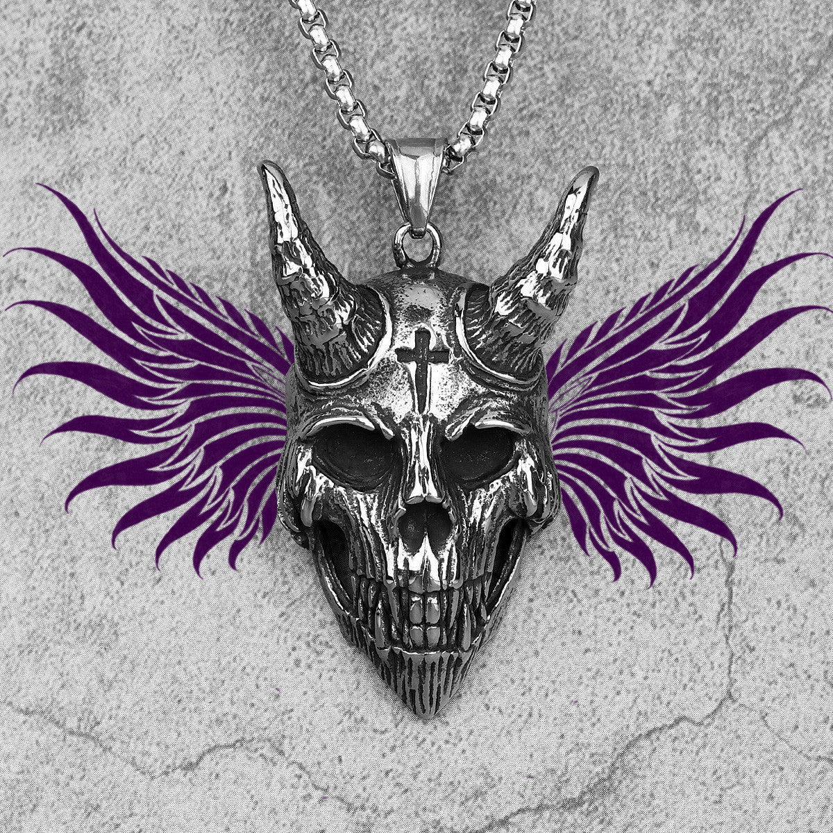 Fallen Angel Lucifer | No Fade Solid Stainless Steel Horned Skull Cross Pendant