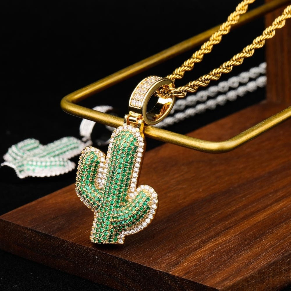 18k Gold 925 Silver Hip Hop Green Cactus Bling Pendant Chain Necklace