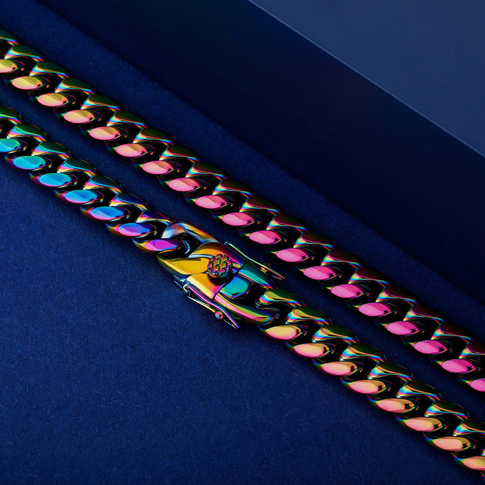 10mm Stainless Steel Fashion Rainbow Color Cuban Link Hip Hop Chain Necklace