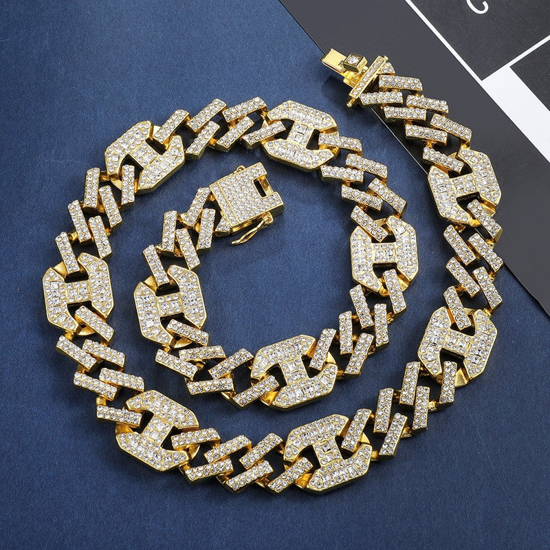 18k Gold Princess Cut Stone Designer Style Cuban Link Jewelry Set