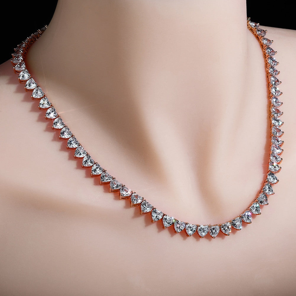 Rose Gold 14k 925 Silver Total Iced AAA Heart Shaped Prong Set Tennis Chain Necklace