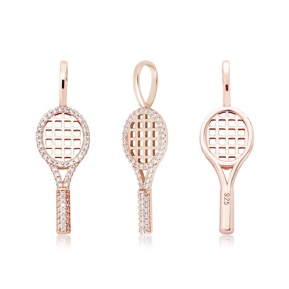Rose Gold 14k Gold Over .925 Sterling Silver Bling Bling Tennis Racquet Pendant Chain Necklace