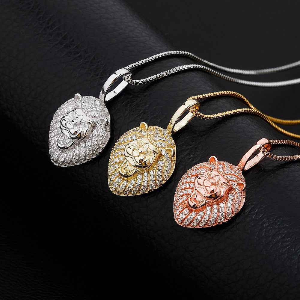 Rose Gold 14k Gold Solid .925 Sterling Silver Iced Lion Head Pendant Chain Necklaces