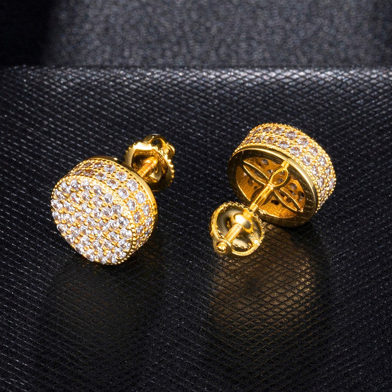 Cluster Stone AAA True Micro Pave 14k Gold Hip Hop Screw Back Earrings
