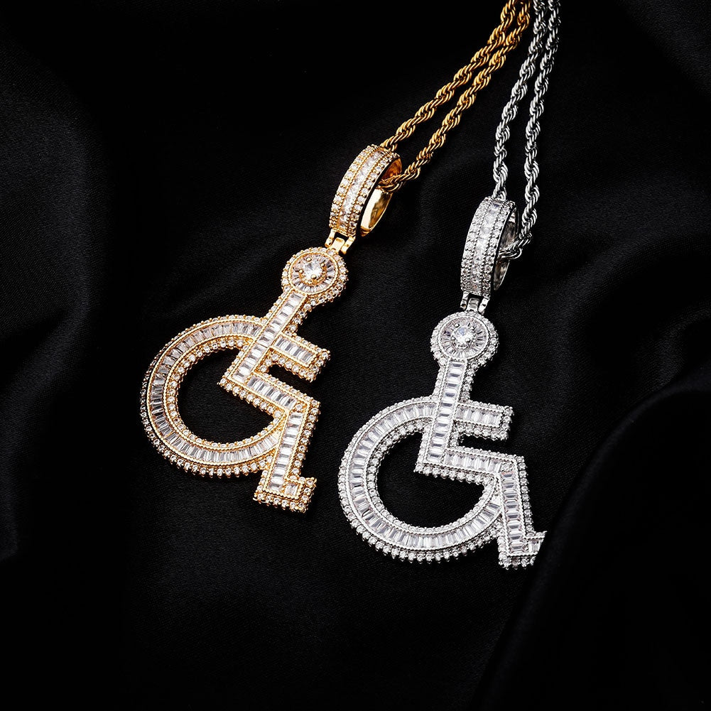 14k Gold 925 Silver Flooded Ice Baguette Wheelchair Baguette Pendant Chain Necklace