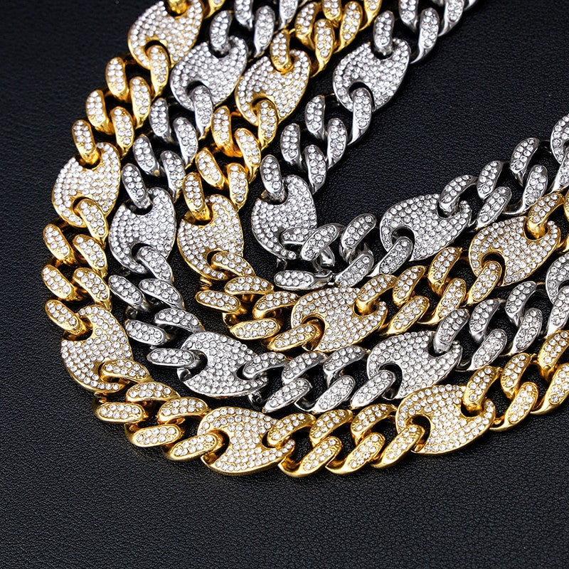 Fully Iced 12mm Flat Cuban Link Chain Necklace Bracelet 18k Gold .925 Silver Jewelry Set