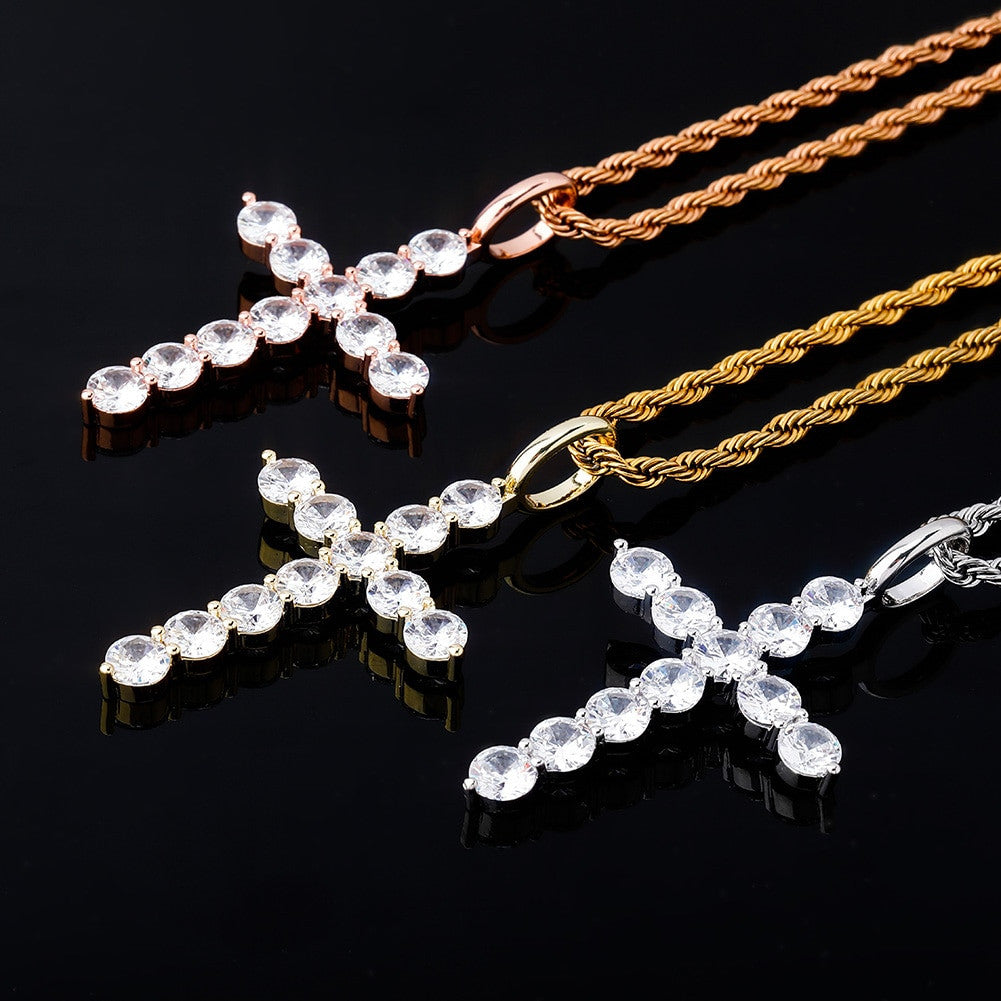 All Ice Top Fashion Hip Hop 14k Silver Rose Gold Cross Pendant Chain Necklace