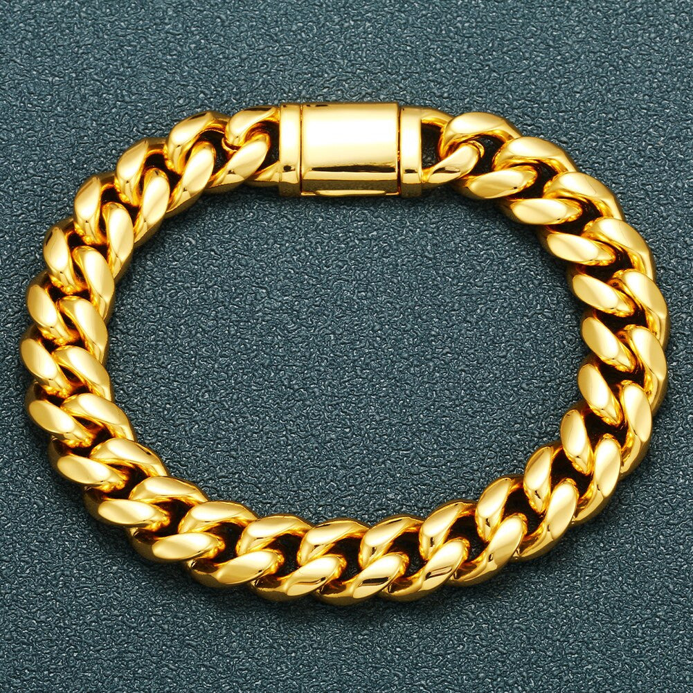 Mens 14k Gold Over Solid No Fade 316L Stainless Steel Hip Hop Cuban Link Bracelet