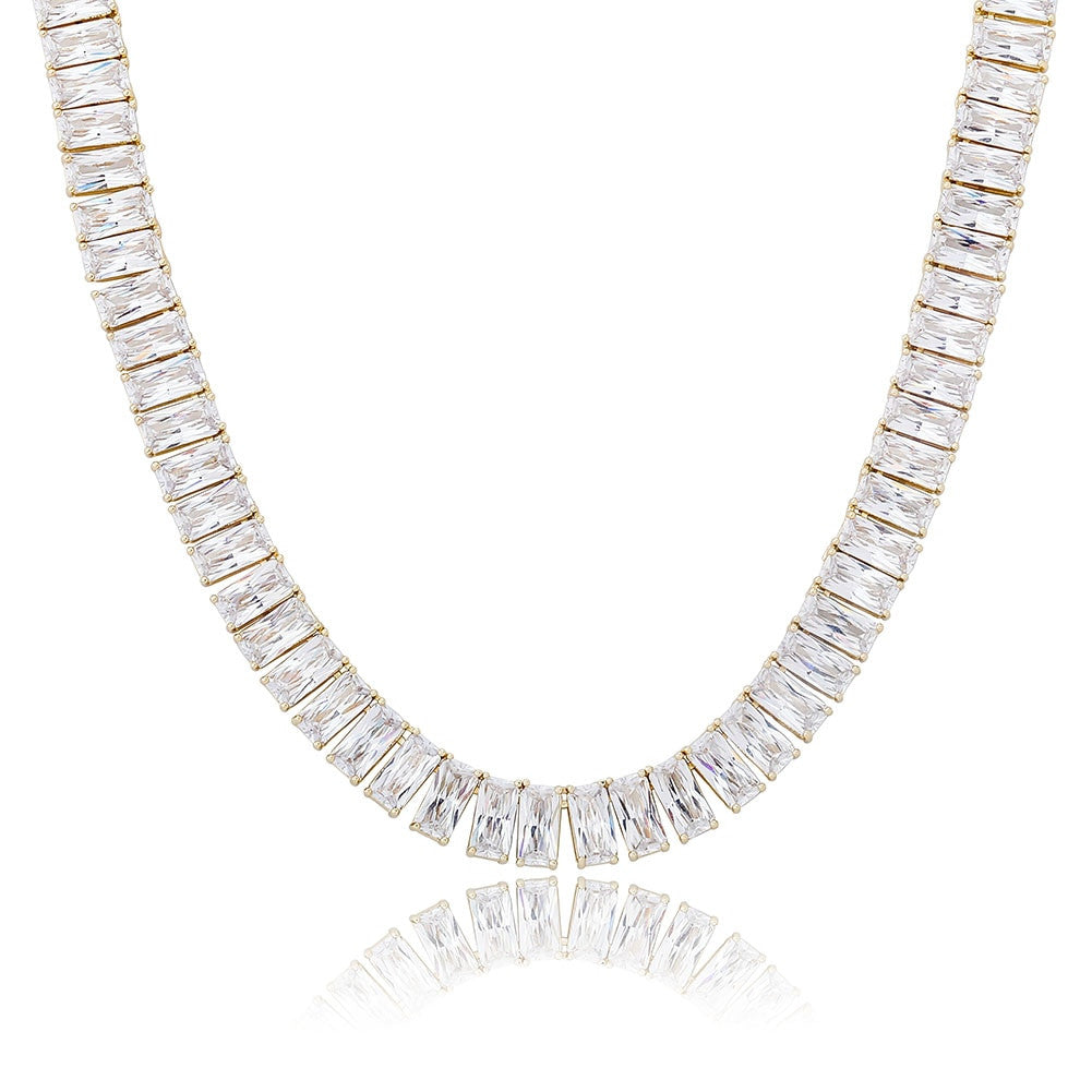 Pink Ice 10mm 14k Gold 925 Silver Baguette Chain Necklace