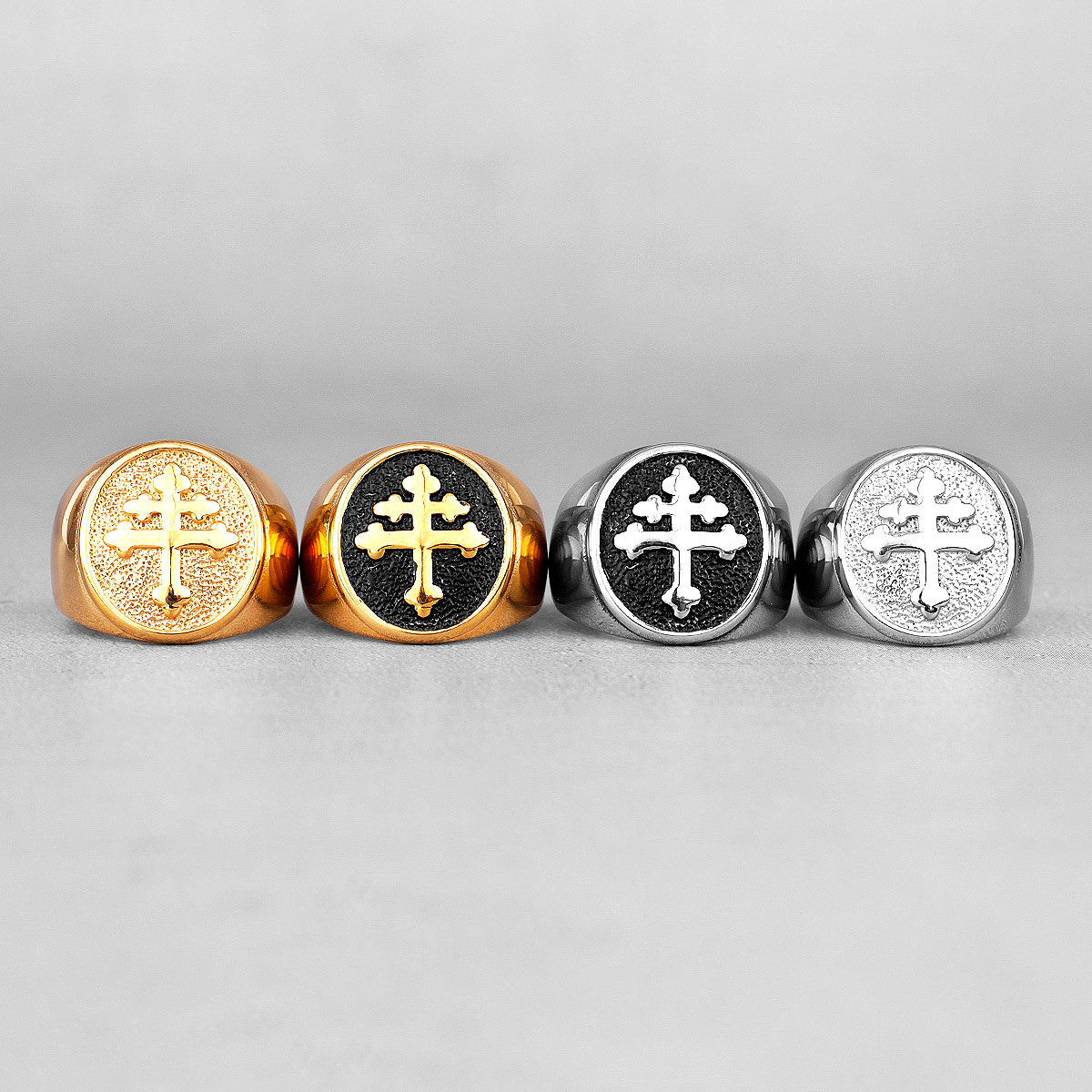 Lorraine Cross | 14k Gold Black 316L No Fade Stainless Steel Men's Cross Ring