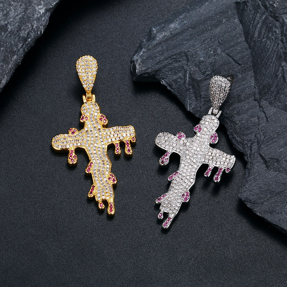 Mens Blood Dripping 18k Gold 925 Silver Hip Hop Street Wear Cross Pendant