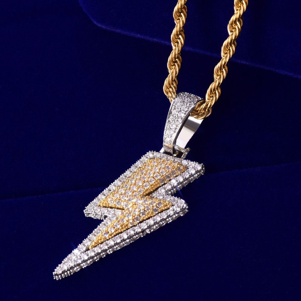 18k Gold .925 Silver AAA Micro Paved Lightning Strike Hip Hop Pendant Chain Necklace